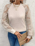 Round Neck Lace Patchwork Long Sleeve Top - Trendsi - Flyclothing LLC
