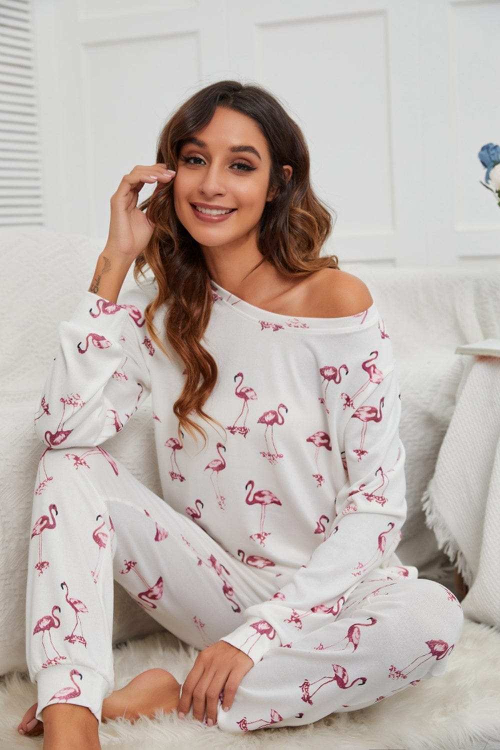 Flamingo Long Sleeve Top and Pants Lounge Set - Trendsi - Flyclothing LLC