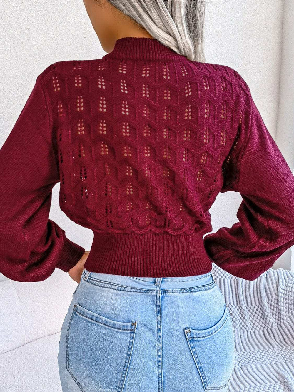 Openwork Mock Neck Long Sleeve Cropped Sweater - Trendsi - Flyclothing LLC