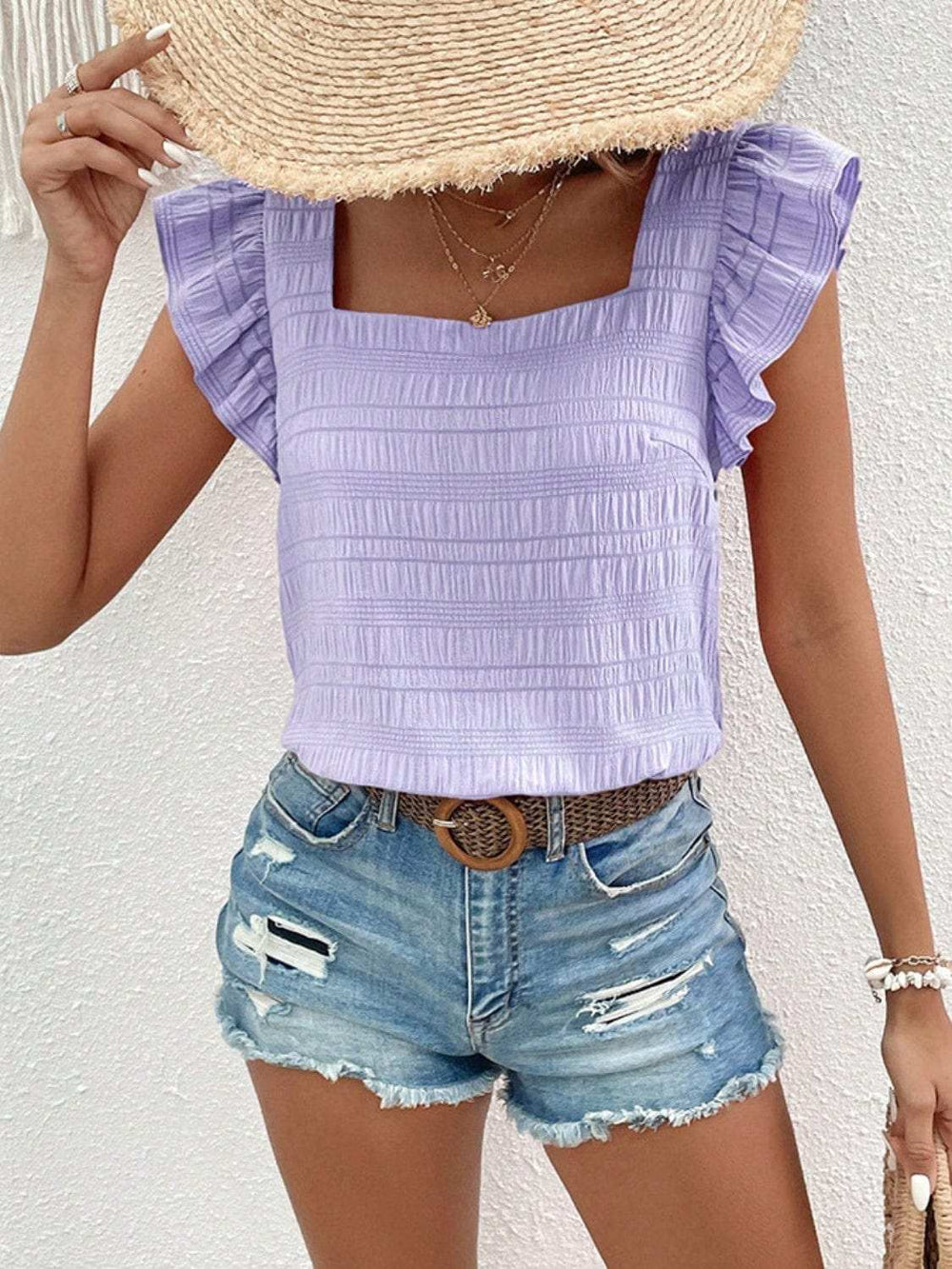Ruffled Square Neck Cap Sleeve Blouse - Trendsi - Flyclothing LLC
