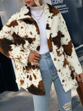 Cow Print Collared Neck Button Up Fuzzy Jacket - Trendsi - Flyclothing LLC