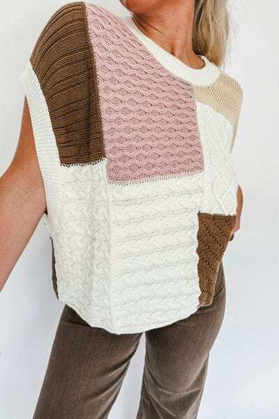 Cable-Knit Color Block Round Neck Sweater Vest - Trendsi - Flyclothing LLC