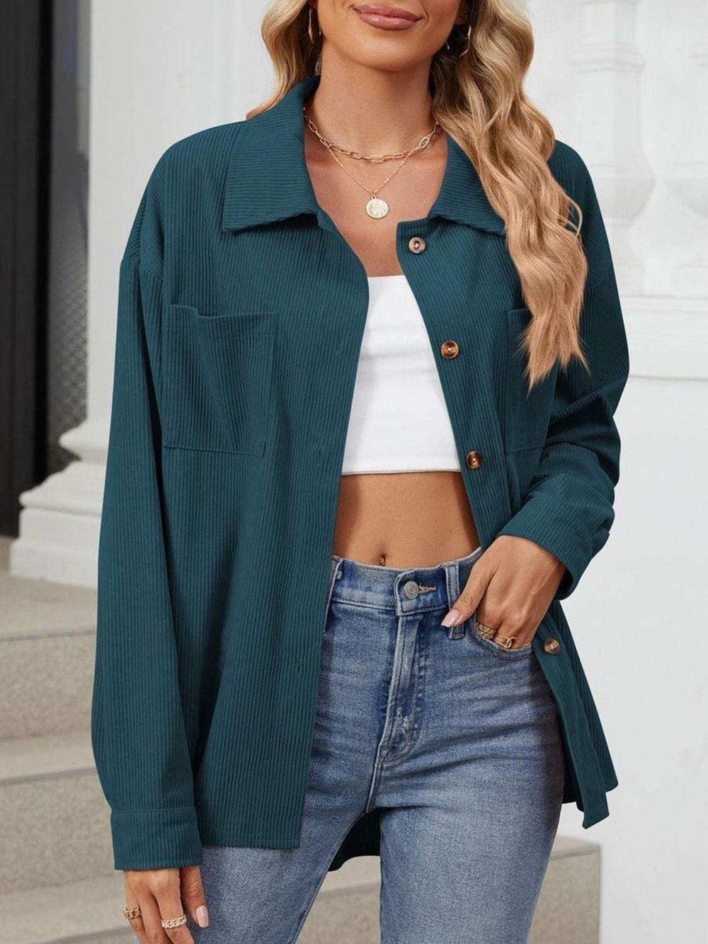 Button Up Dropped Shoulder Long Sleeve Outerwear - Trendsi - Flyclothing LLC