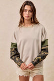 BiBi Camo Sleeve French Terry Top with Frayed Edge - Trendsi - Flyclothing LLC