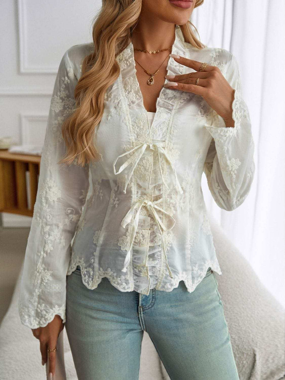 Devine Tied Frill V-Neck Long Sleeve Lace Top - Trendsi - Flyclothing LLC