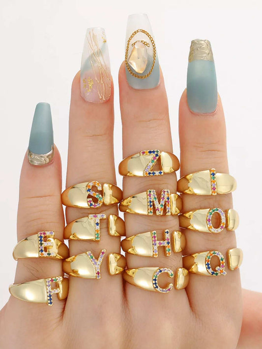 18K Gold-Plated Zircon Letter Ring - Trendsi - Flyclothing LLC