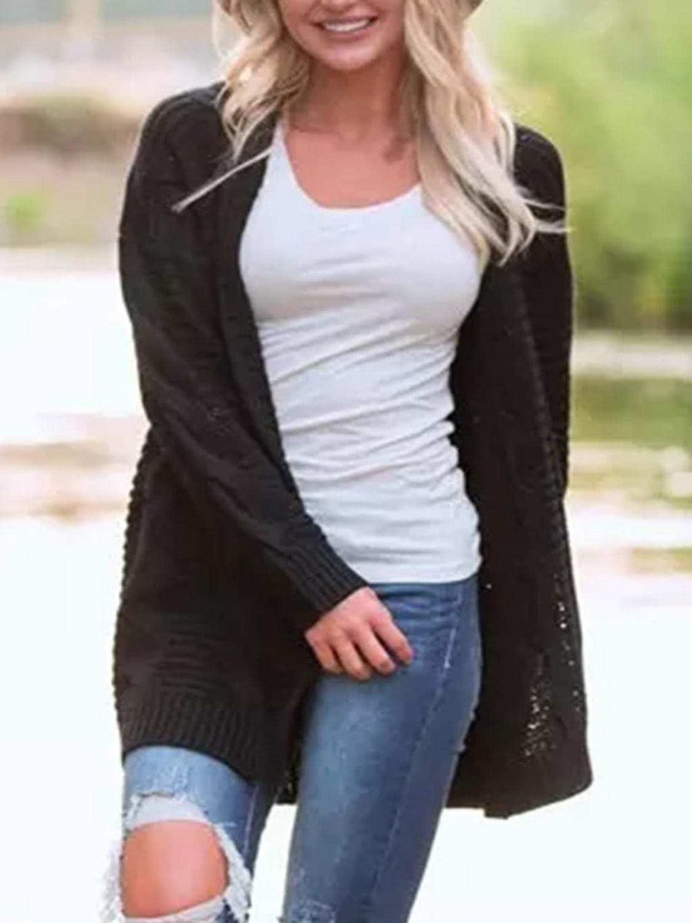 Cable-Knit Open Front Long Sleeve Cardigan - Trendsi - Flyclothing LLC