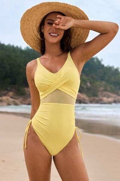 Drawstring Ruched V-Neck One-Piece Swimwear - Trendsi - Flyclothing LLC