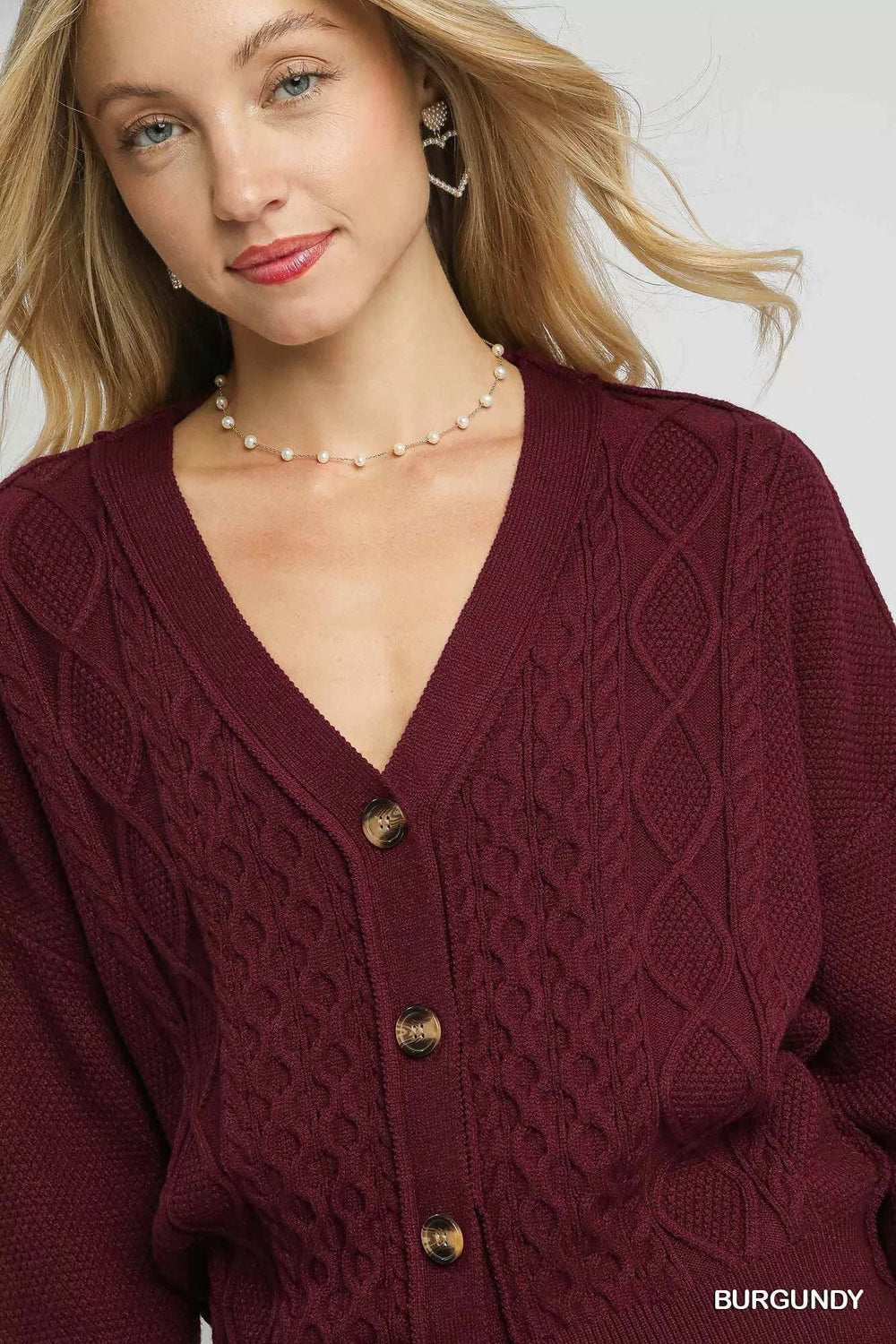 Umgee Chunky Cable Knit V-Neck Button-Up Cardigan - Trendsi - Flyclothing LLC