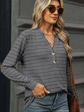 Striped Notched Long Sleeve T-Shirt - Trendsi - Flyclothing LLC