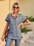 Houndstooth V-Neck Short Sleeve T-Shirt - Trendsi - Flyclothing LLC