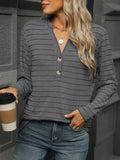 Striped Henley T-Shirt with Button Detail - Trendsi - Flyclothing LLC