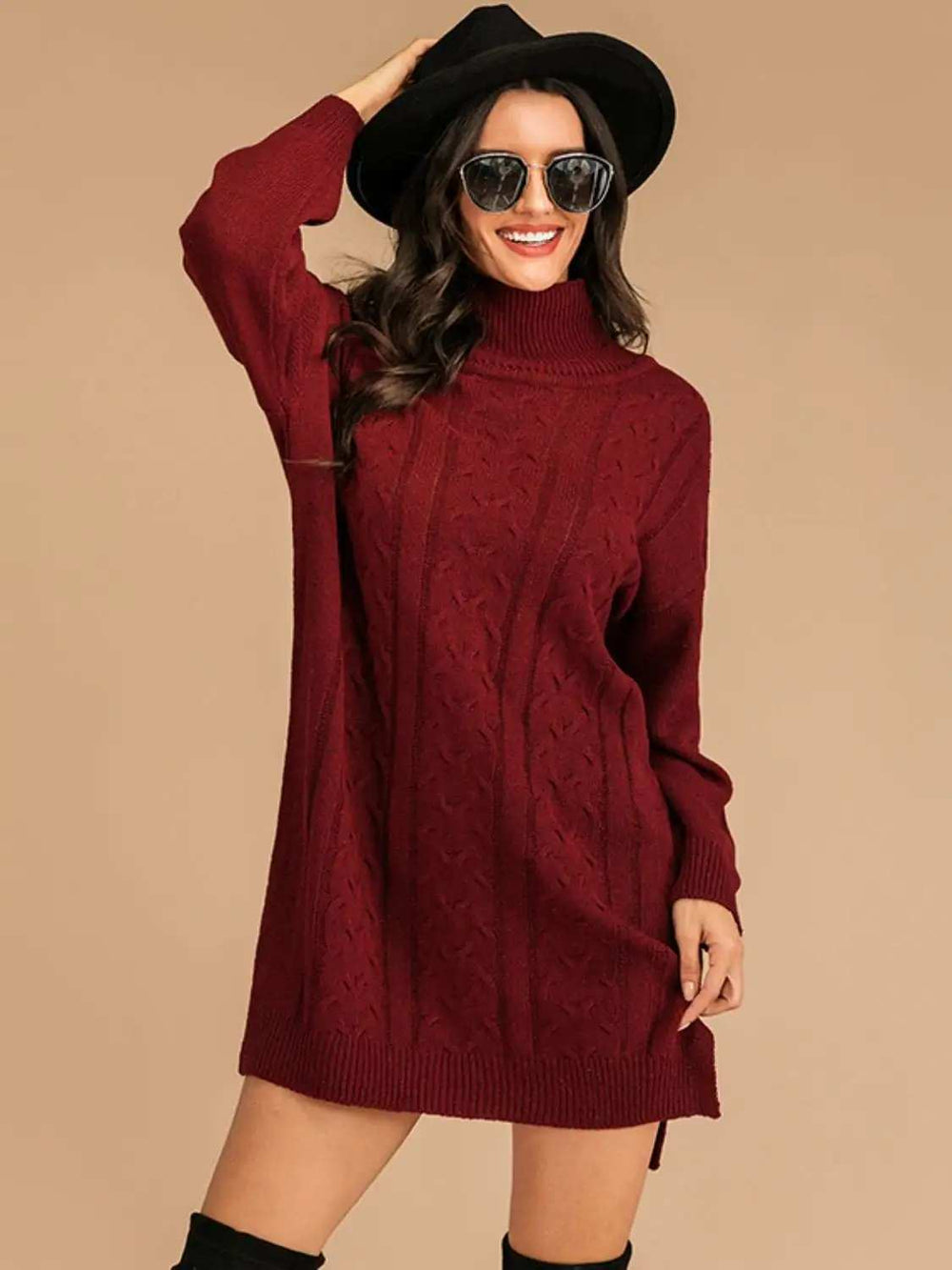 Perfee Slit Turtleneck Long Sleeve Mini Sweater Dress - Trendsi - Flyclothing LLC