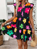 Ruffled Printed Notched Cap Sleeve Dress - Trendsi - Flyclothing LLC