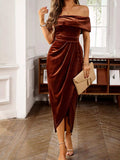 Velvet Off-Shoulder Ruched Midi Dress - Trendsi - Flyclothing LLC
