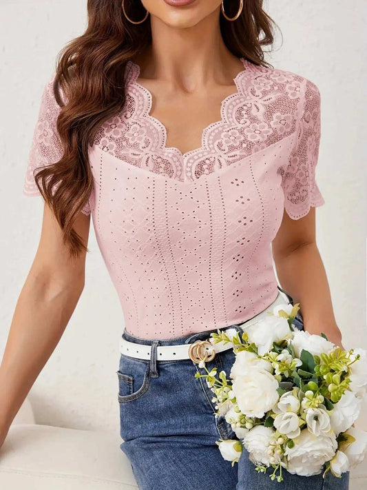 Lace Trim Eyelet Embroidered Summer T-Shirt - Trendsi - Flyclothing LLC