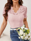 Lace Trim Eyelet Embroidered Summer T-Shirt - Trendsi - Flyclothing LLC