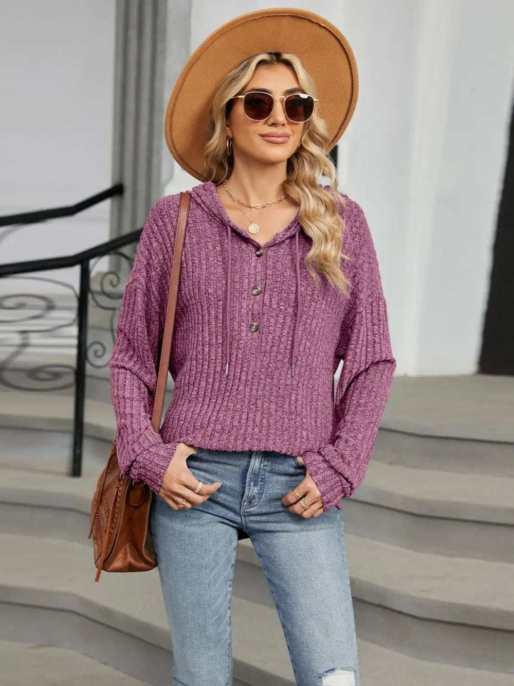 Half Button Long Sleeve Hooded Top - Trendsi - Flyclothing LLC