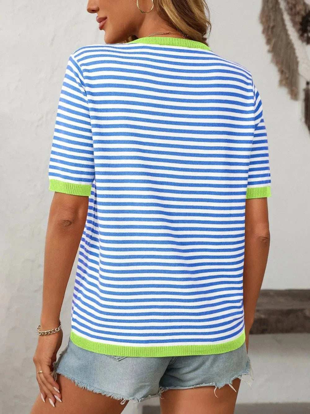 Mandy Striped Round Neck Half Sleeve Knit Top - Trendsi - Flyclothing LLC