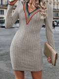Contrast Detail V-Neck Long Sleeve Dress - Trendsi - Flyclothing LLC