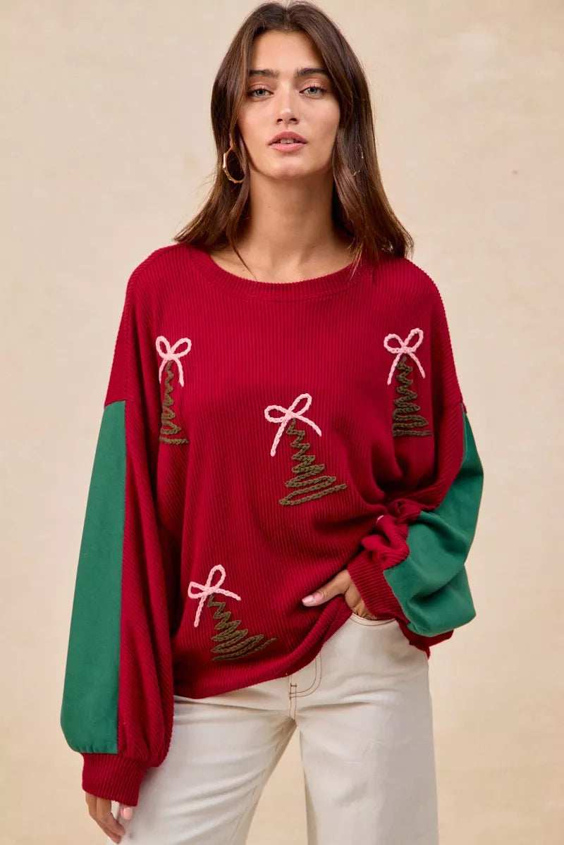 BiBi Christmas Theme Tree Embroidered Sweater - Trendsi - Flyclothing LLC