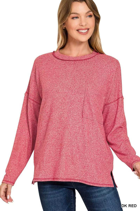 Zenana Soft Melange Hacci Round-Neck Long Sleeve T-Shirt - Trendsi - Flyclothing LLC