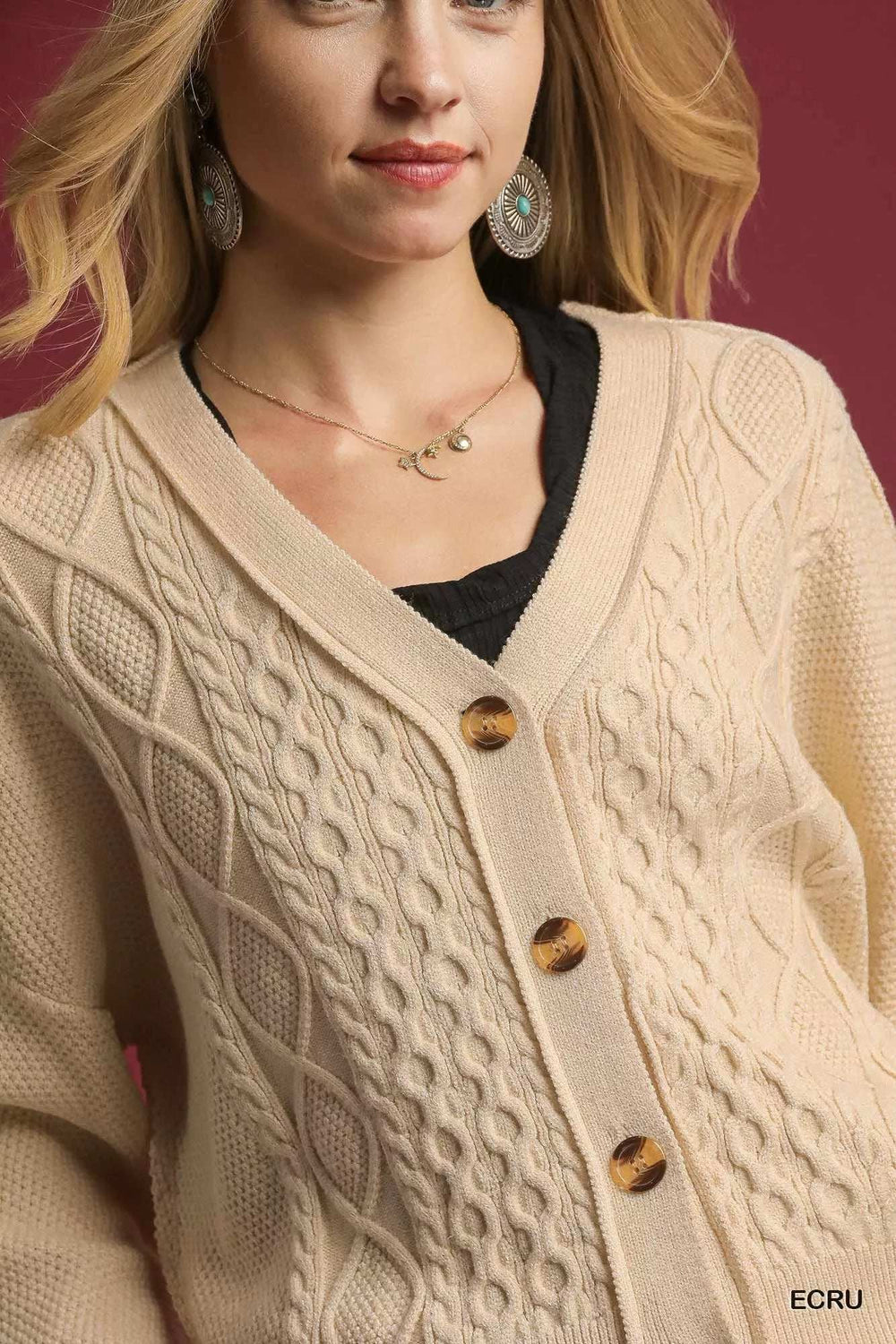 Umgee Chunky Cable Knit V-Neck Button-Up Cardigan - Trendsi - Flyclothing LLC