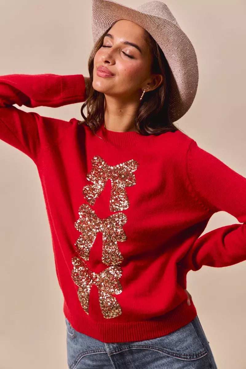 SO ME Sequins Bow Ribbon Embellished Christmas Sweater - Trendsi - Flyclothing LLC