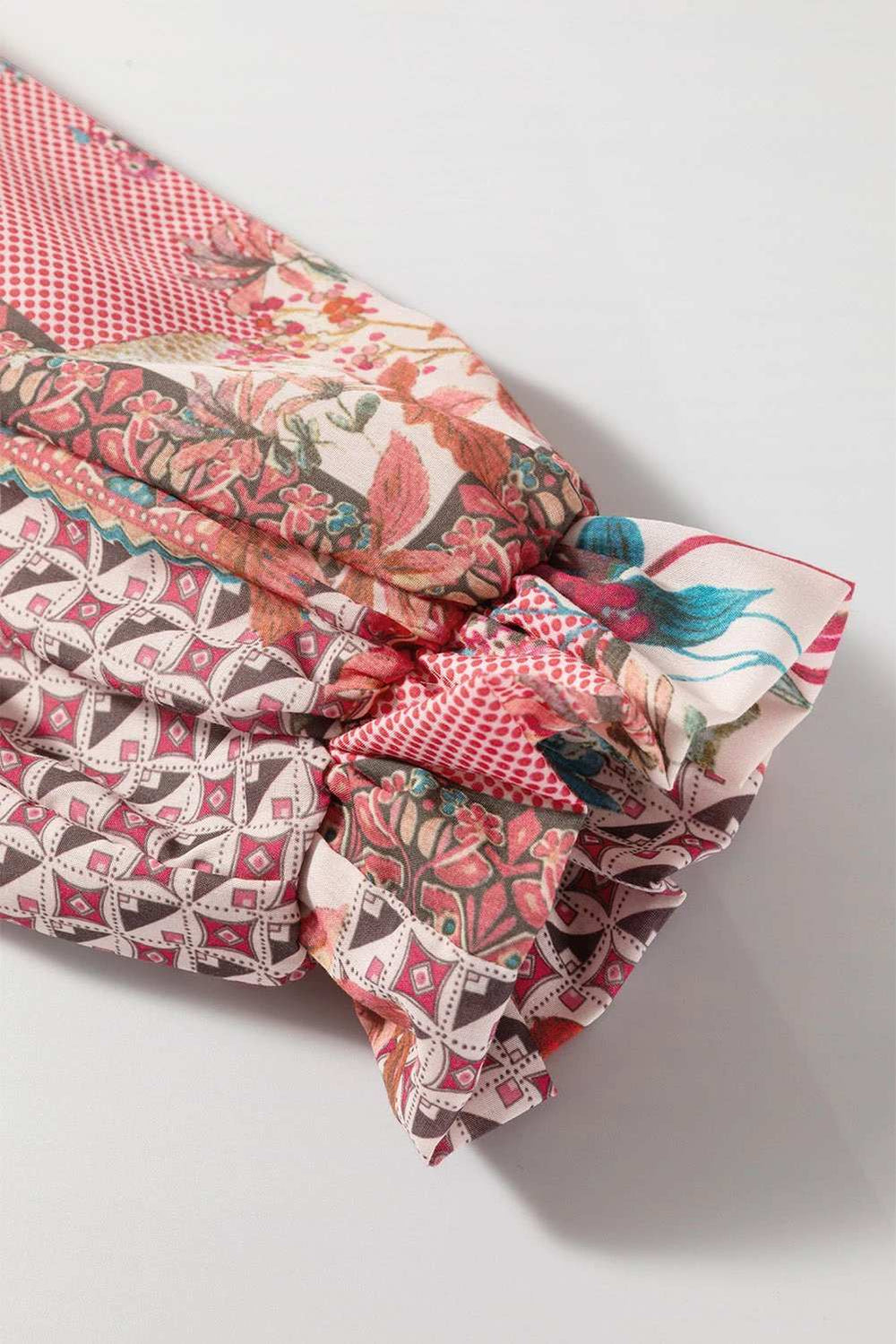 Patchwork Printed Notched Flounce Sleeve Shirt - Trendsi - Flyclothing LLC