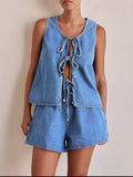 Tie Front Vest and Shorts Denim Set - Trendsi - Flyclothing LLC