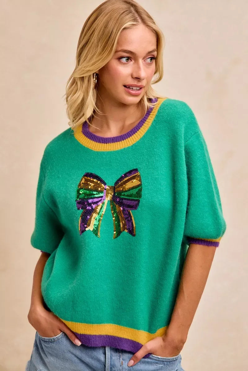 BiBi Mardi Gras Sequin Ribbon Patched Sweater - Trendsi - Flyclothing LLC