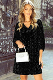 V-Neck Three-Quarter Sleeve Velvet Mini Dress - Trendsi - Flyclothing LLC