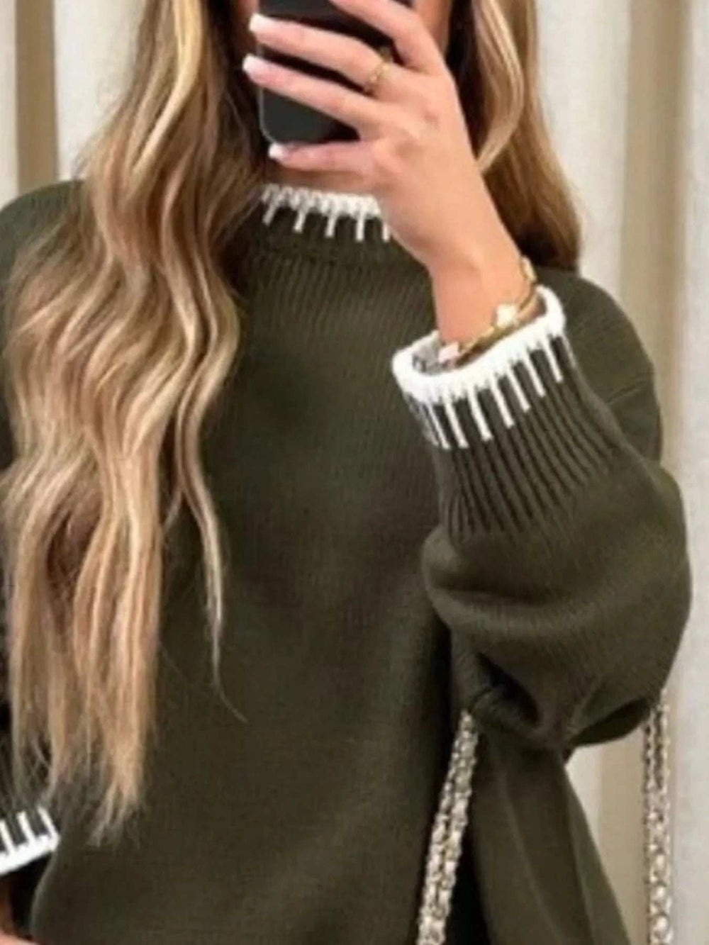 Contrast Trim Round Neck Top and Pants Sweater Set - Trendsi - Flyclothing LLC