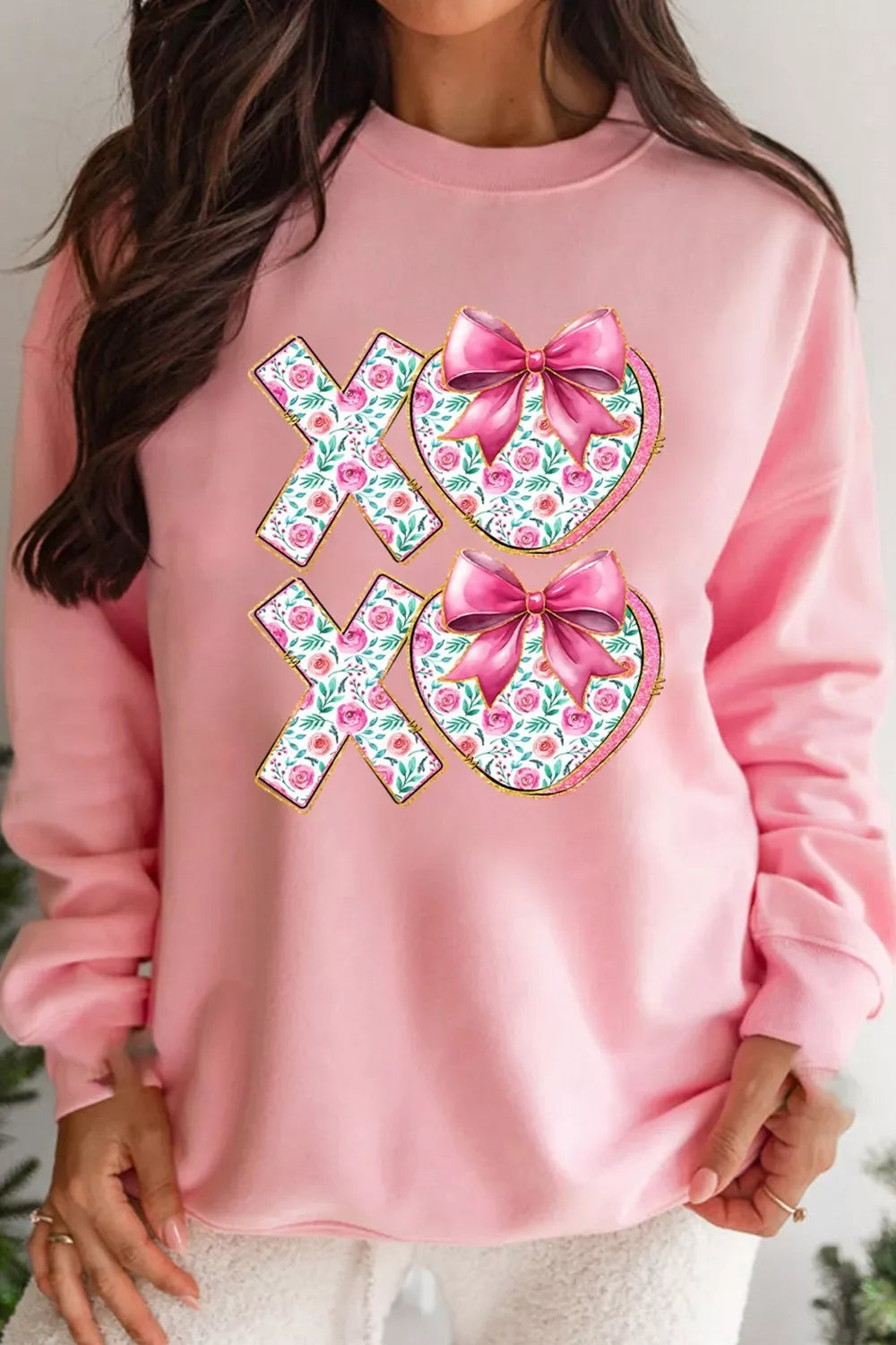Bow Floral Printed Valentines Day XOXO Sweatshirt - Trendsi - Flyclothing LLC