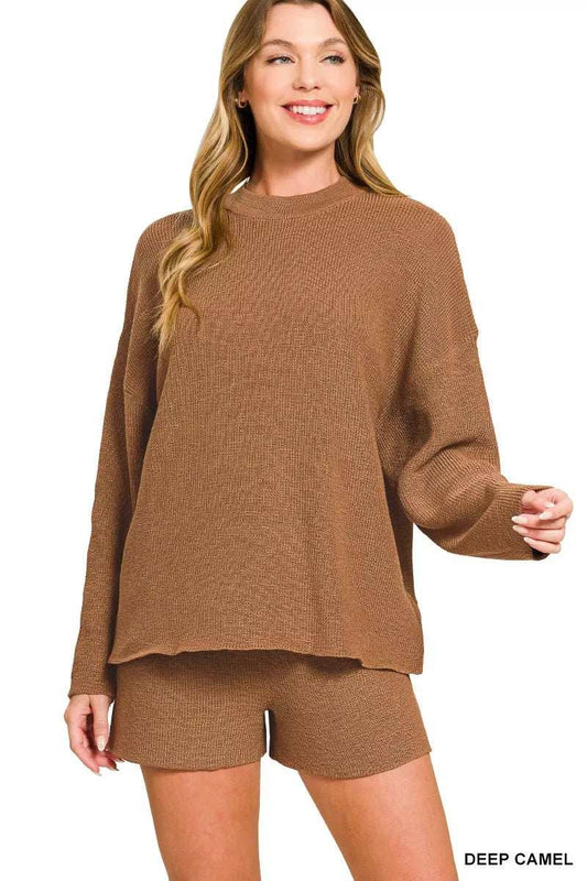 Zenana Round Neck Knit Top and Shorts Sweater Set - Trendsi - Flyclothing LLC