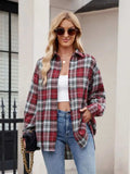 Pocketed Plaid Collared Neck Long Sleeve Shirt - Trendsi - Flyclothing LLC
