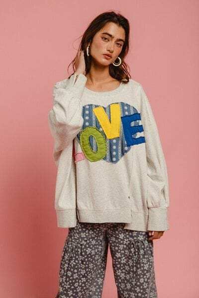 BiBi LOVE Heart Patch Slit French Terry Sweatshirt - Trendsi - Flyclothing LLC