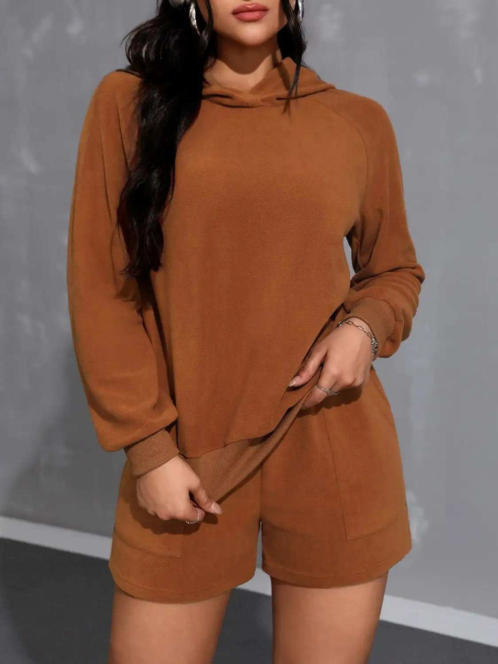 Long Sleeve Hoodie and Pocketed Shorts Set - Trendsi - Flyclothing LLC