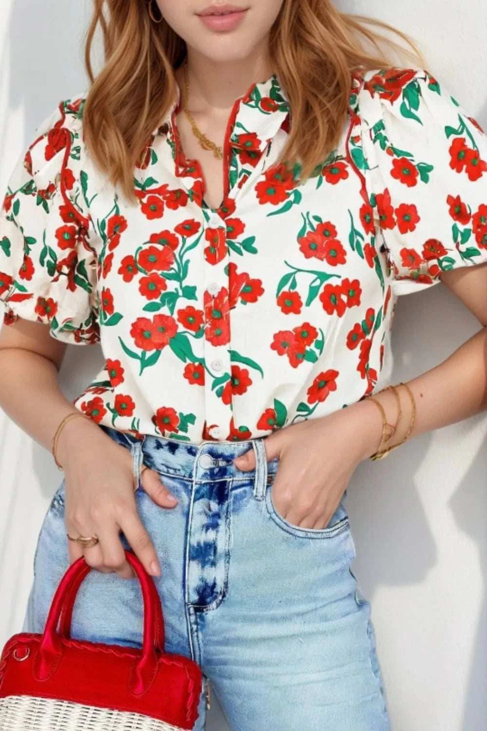 Printed V-Neck Short Sleeve Shirt - Trendsi - Flyclothing LLC