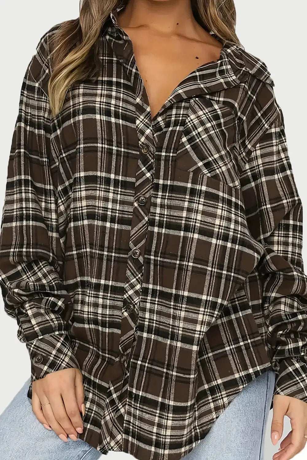 Plaid Collared Neck Long Sleeve Shirt - Trendsi - Flyclothing LLC