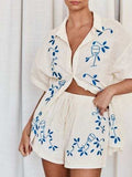 Embroidered Button Up Half Sleeve Top and Shorts Set - Trendsi - Flyclothing LLC