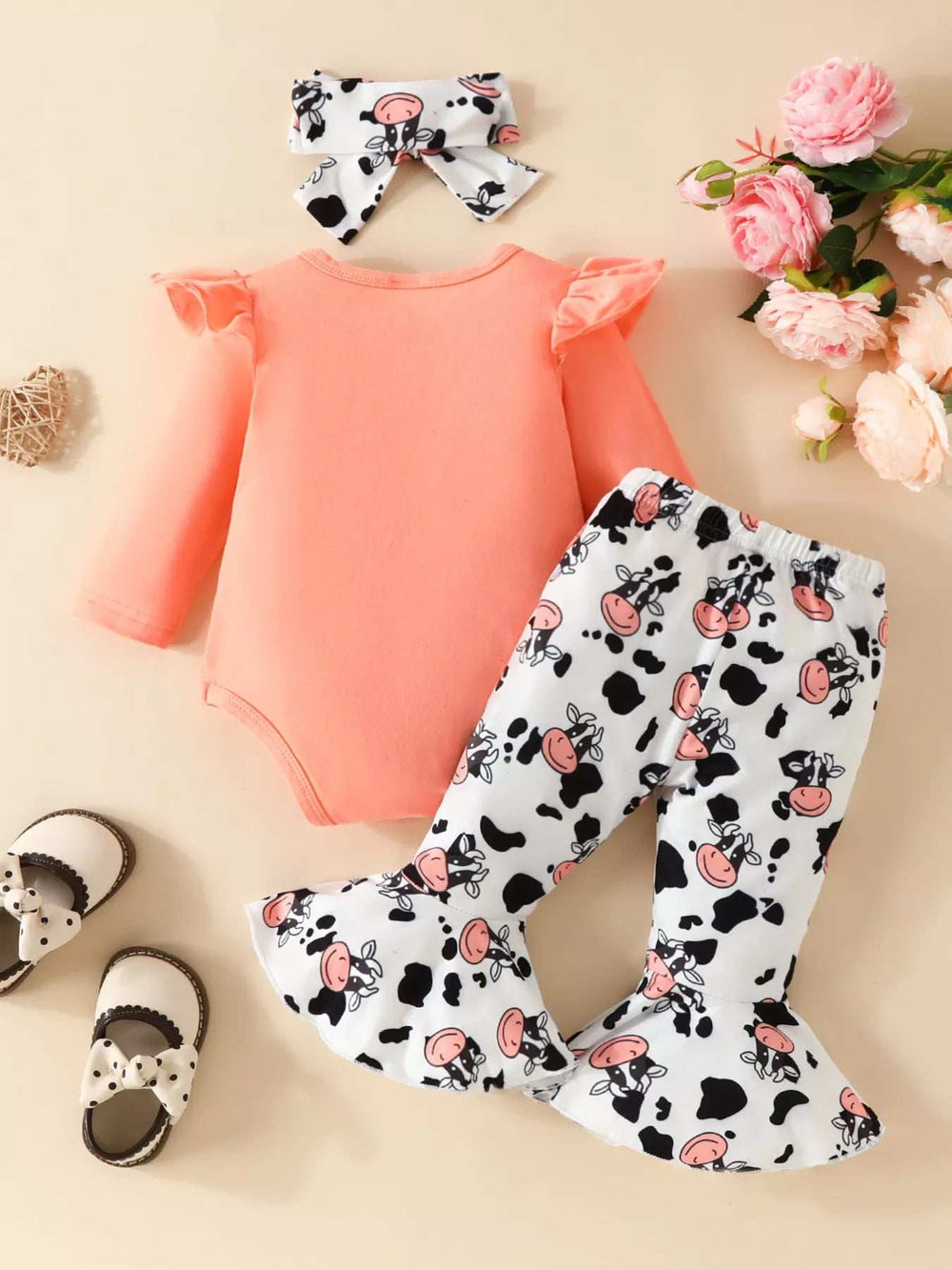 Children's Cow Graphic Ruffle Trim Bodysuit and Pants Set - Trendsi - Flyclothing LLC