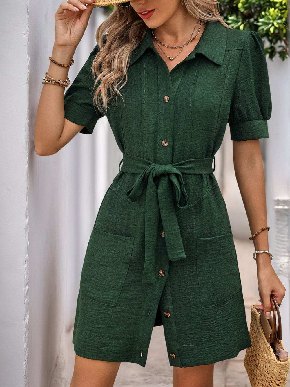 Perfee Tie Waist Button Down Short Sleeve Mini Dress - Trendsi - Flyclothing LLC