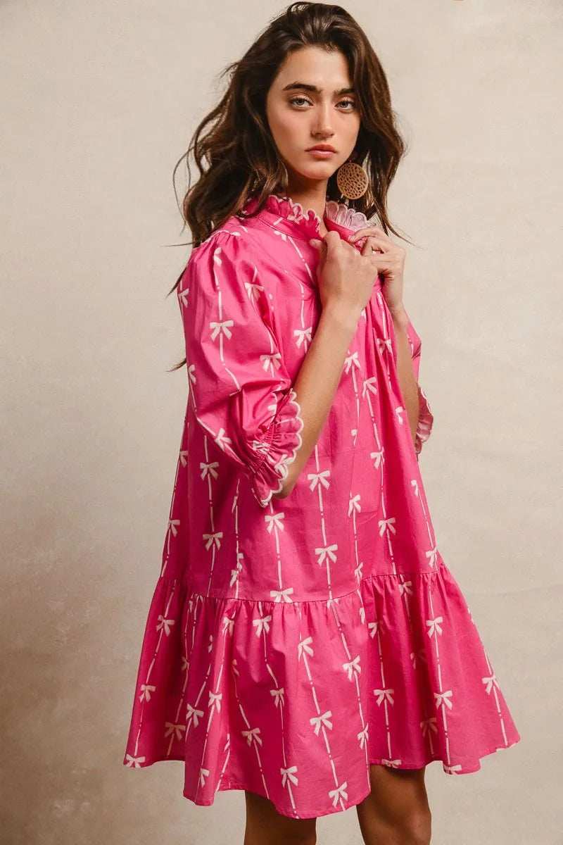 BiBi Ribbon Patterns With Scallops Edge Details Short Sleeve Dress - Trendsi - Flyclothing LLC