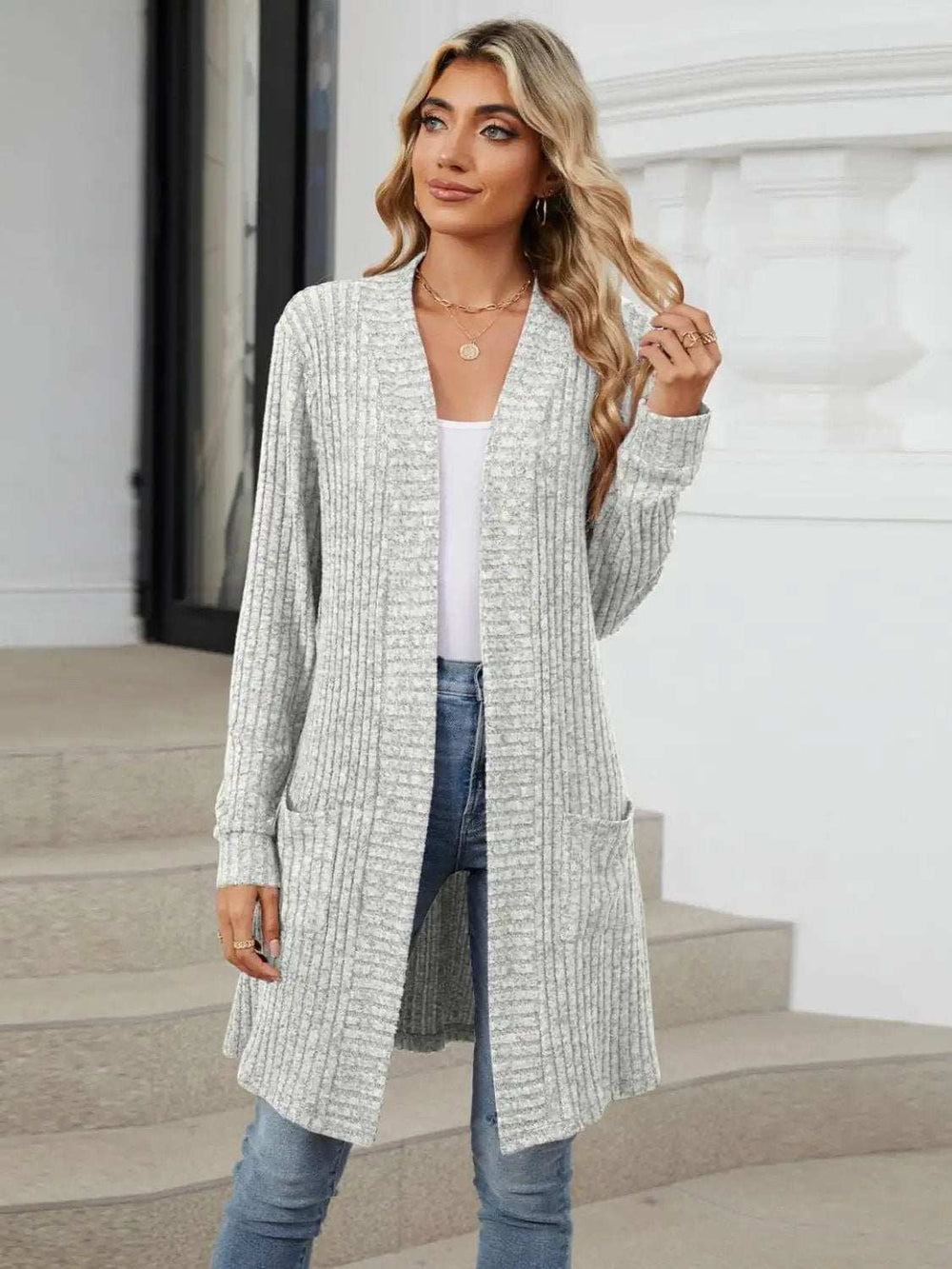 Open Front Long Sleeve Cardigan - Trendsi - Flyclothing LLC