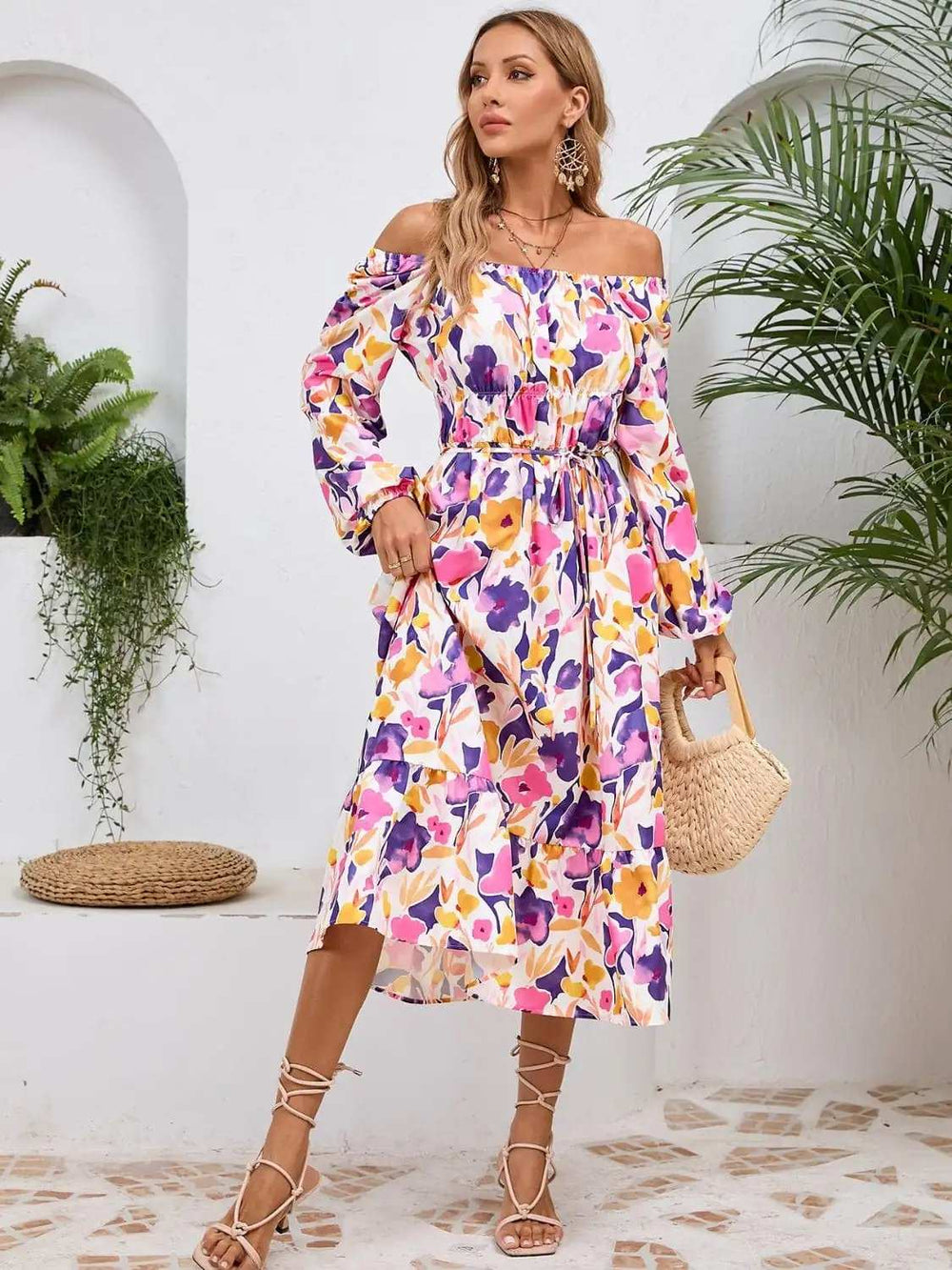 Printed Long Sleeve Midi Dress - Trendsi - Flyclothing LLC