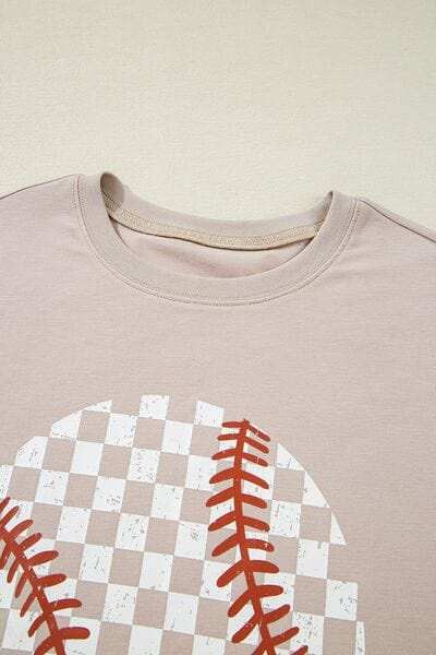 Contrast Checkered Baseball Graphic Round Neck Short Sleeve T-Shirt - Trendsi - Flyclothing LLC
