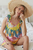 BiBi Circular Tie Dye Knit V Neck Top With Ruffle - Trendsi - Flyclothing LLC