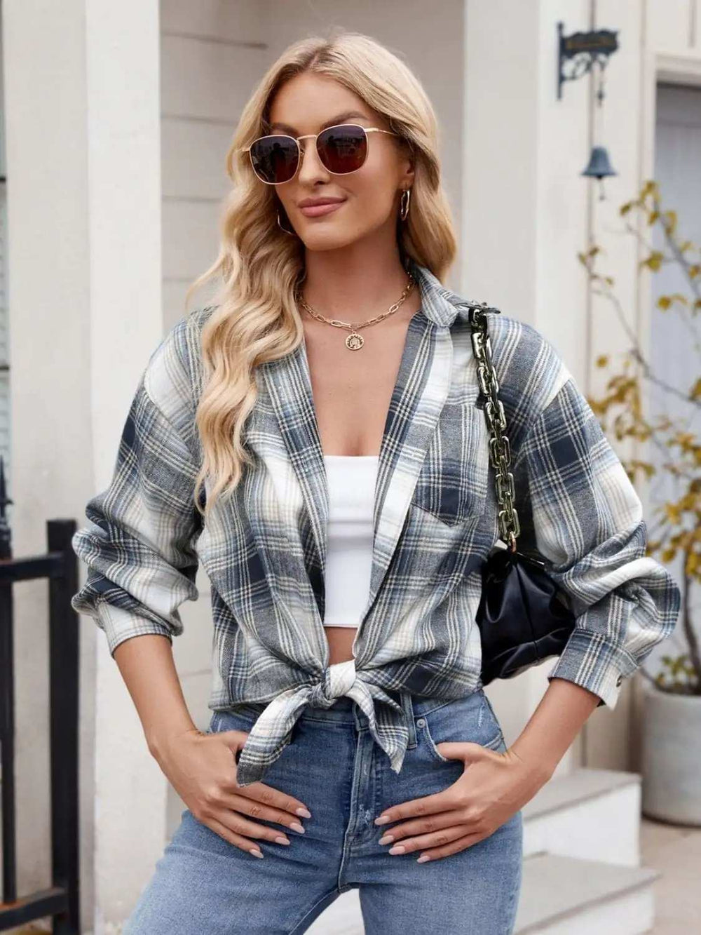 Plaid Collared Neck Long Sleeve Shirt - Trendsi - Flyclothing LLC