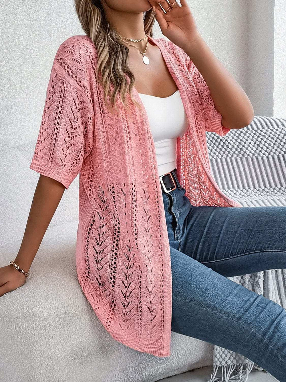 Openwork Open Front Half Sleeve Cardigan - Trendsi - Flyclothing LLC